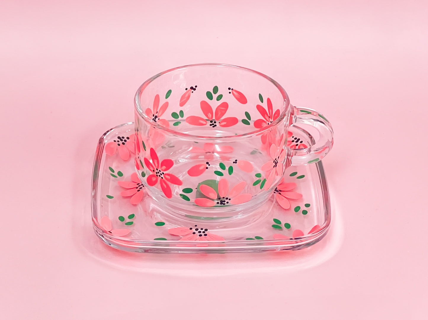 Hand-painted Square Teacup + Saucer | Blossom Coral