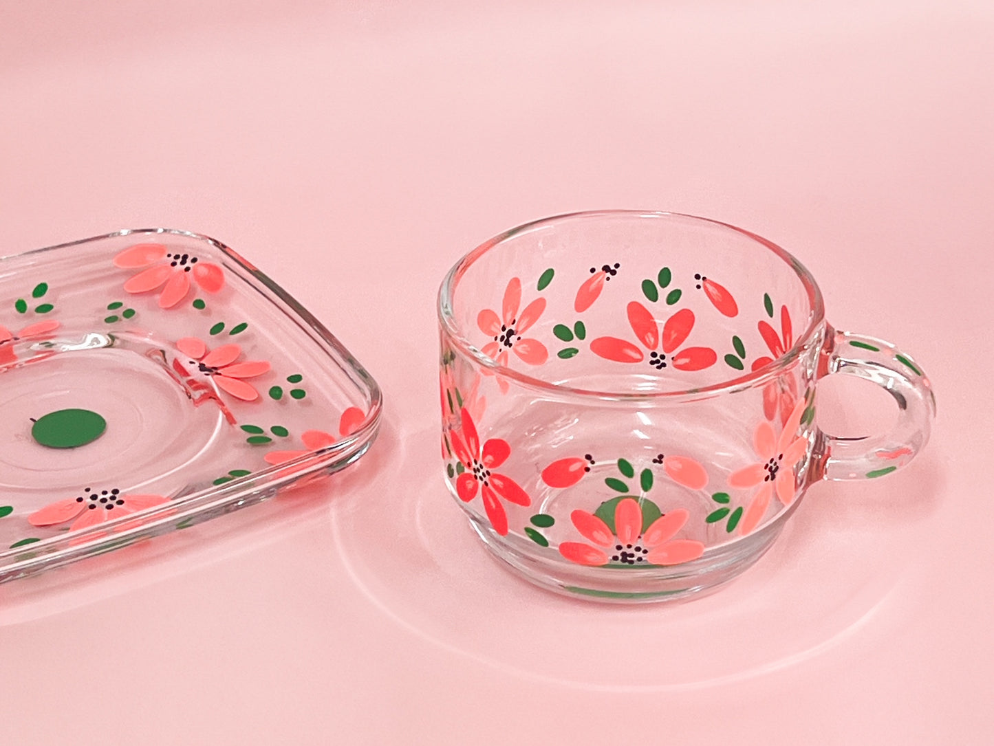 Hand-painted Square Teacup + Saucer | Blossom Coral