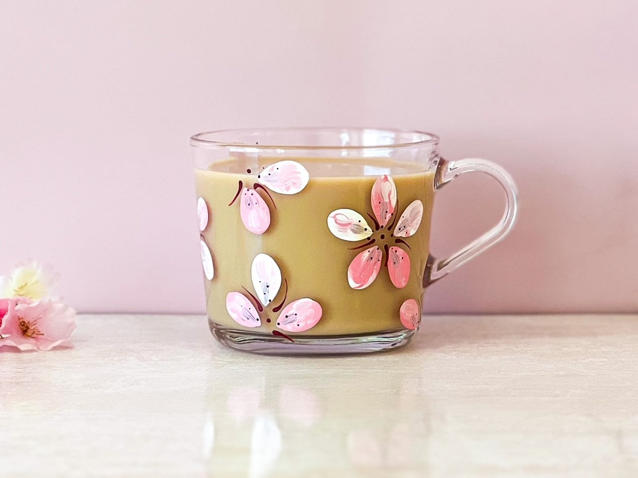 Cherry Blossom Painted Glass Mugs