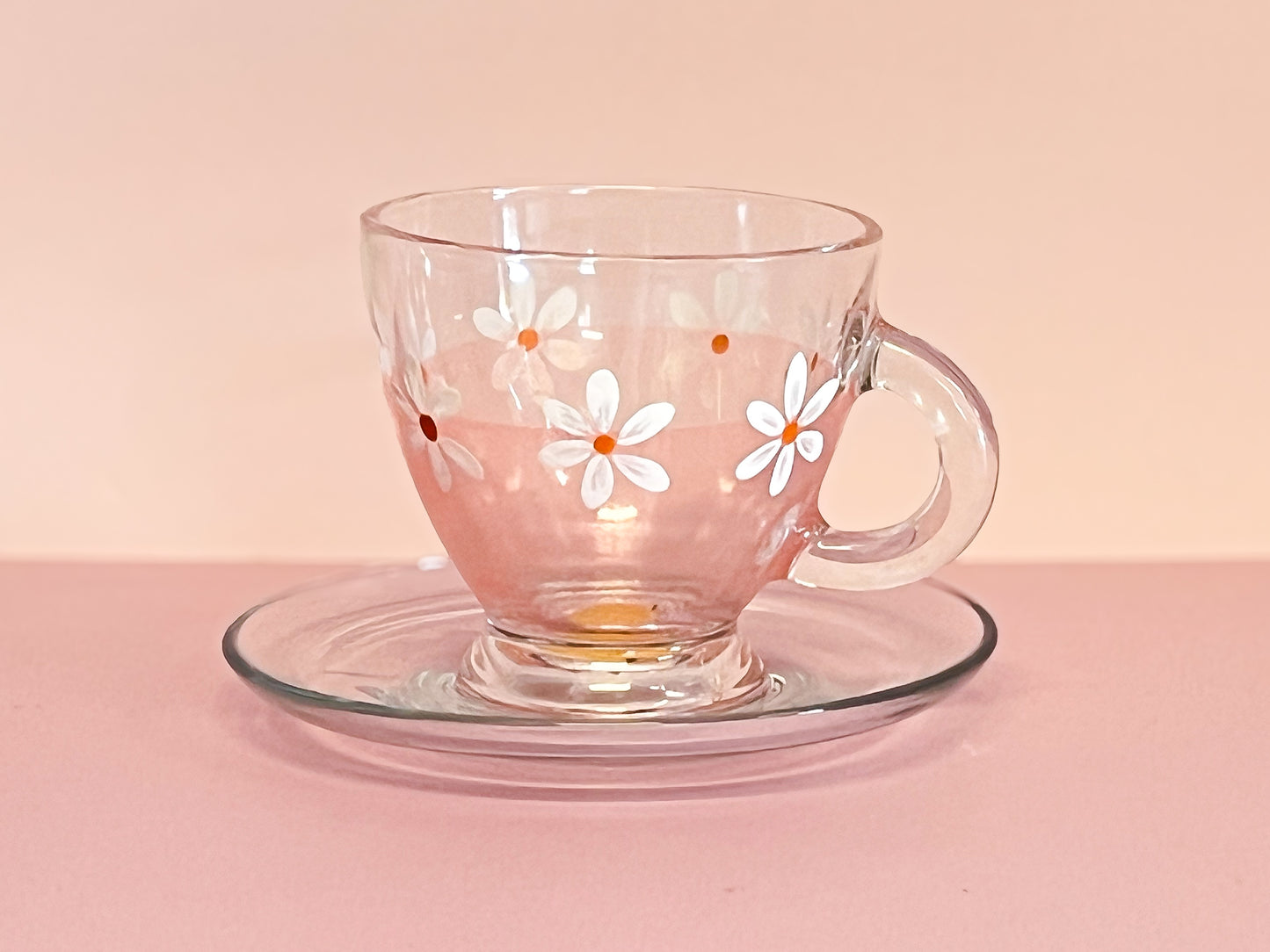 Hand-painted Teacup + Saucer | White Daisy/Frosted Rose