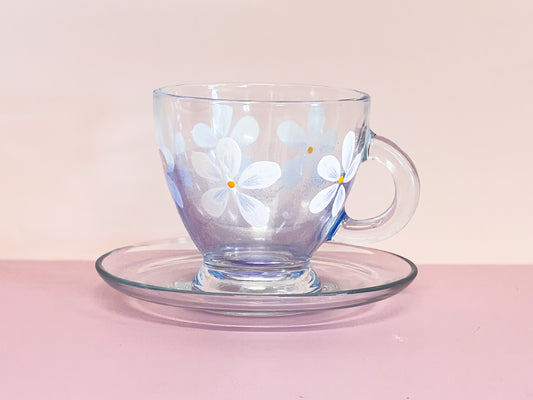 Hand-painted Teacup + Saucer | Daisy/Frosted Blue