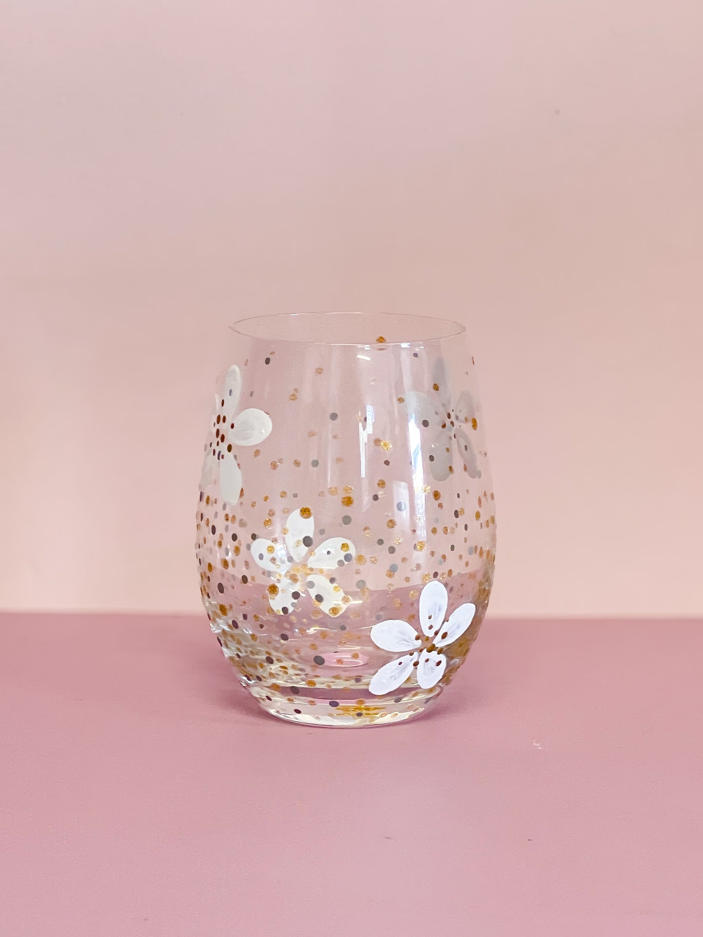 Hand-painted Stemless Wine Glass | Daisy/Glitter Dots