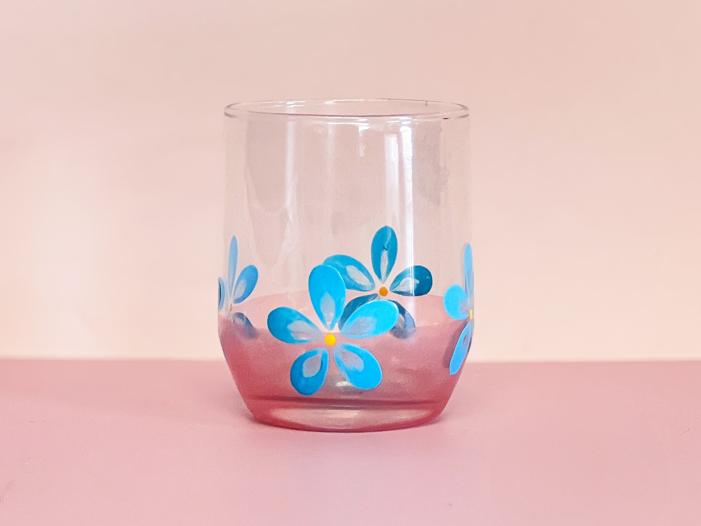 Hand-painted Short Glass | Turquoise Daisy/Frosted Rose