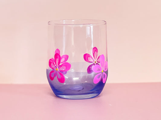 Hand-painted Short Glass | Hot Pink Daisy/Frosted Blue