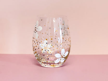 Hand-painted Stemless Wine Glass | Daisy/Glitter Dots