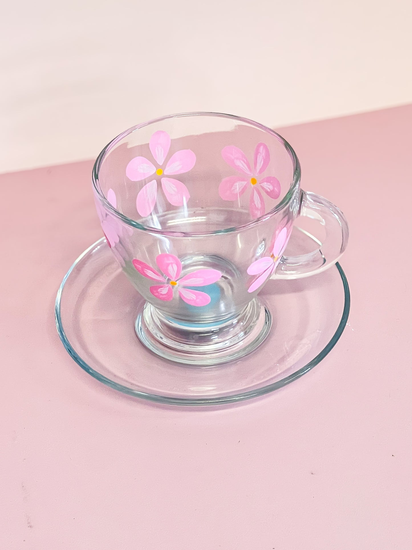 Hand-painted Teacup + Saucer | Pink Daisy/Frosted Emerald