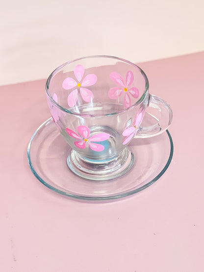 Hand-painted Teacup + Saucer | Pink Daisy/Frosted Emerald