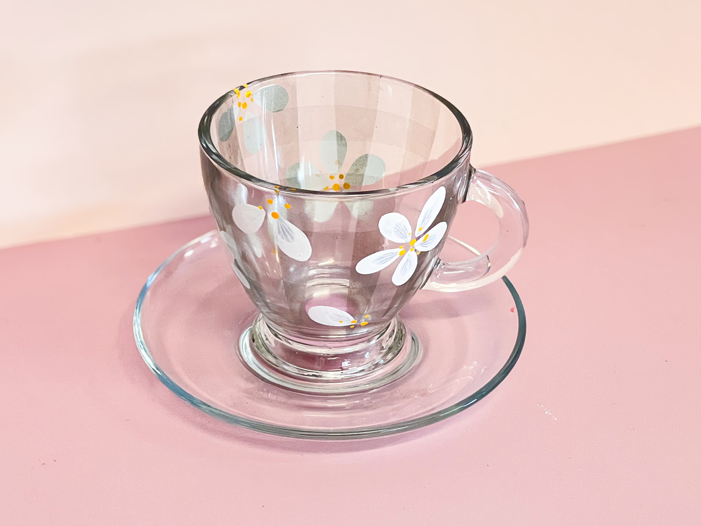 Hand-painted Teacup + Saucer | Daisy/Frosted Gingham