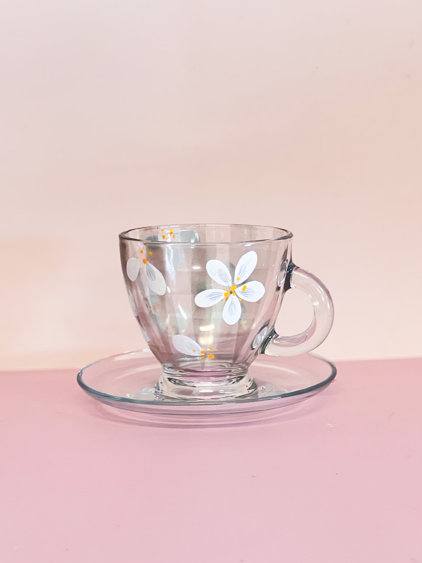 Hand-painted Teacup + Saucer | Daisy/Frosted Gingham