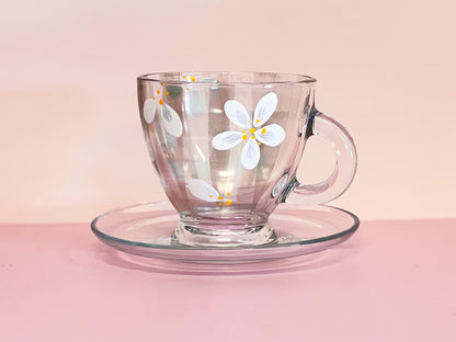 Hand-painted Teacup + Saucer | Daisy/Frosted Gingham