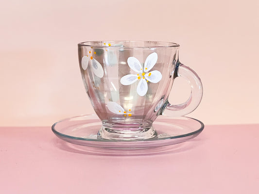 Hand-painted Teacup + Saucer | Daisy/Frosted Gingham