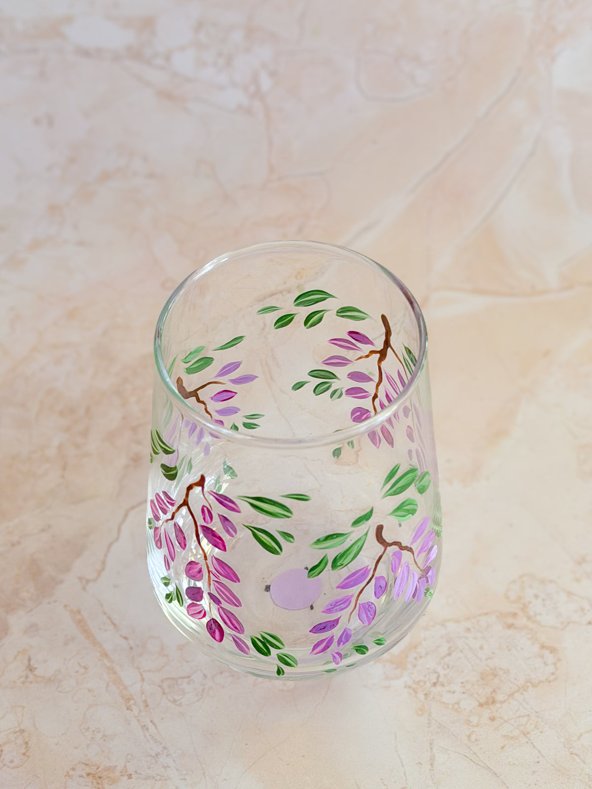 Hand-painted Stemless Wine Glass - Wisteria Lane