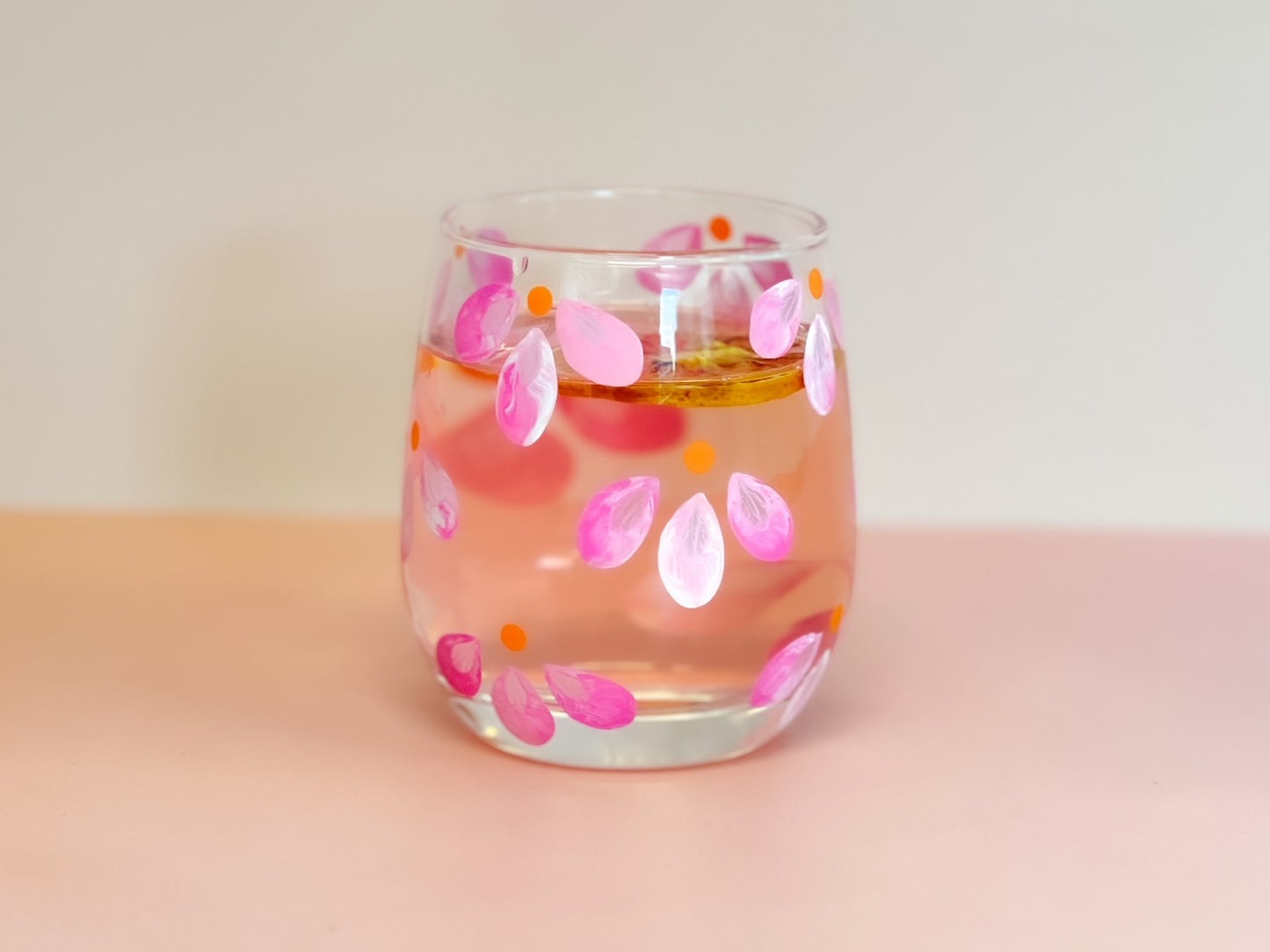 Hand-painted Stemless Glass | Pink Posy