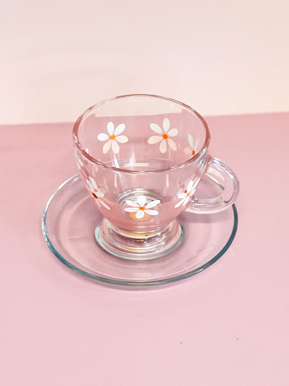 Hand-painted Teacup + Saucer | White Daisy/Frosted Rose