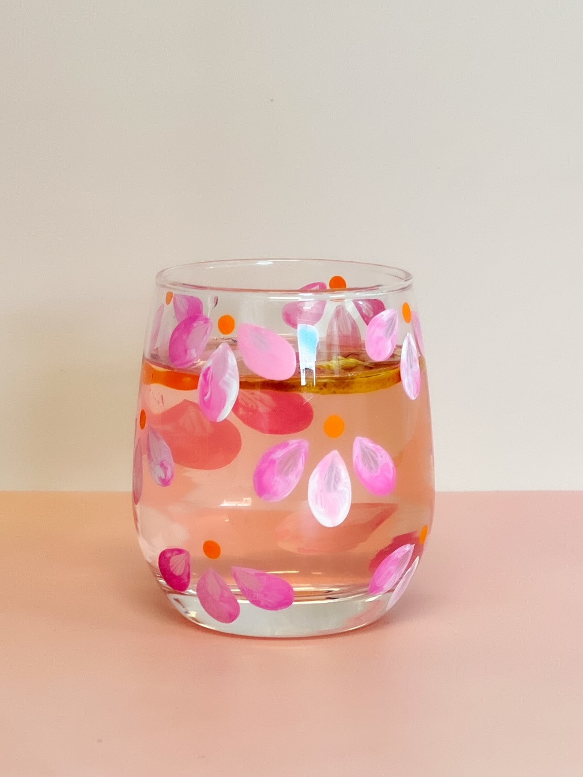 Hand-painted Stemless Glass | Pink Posy