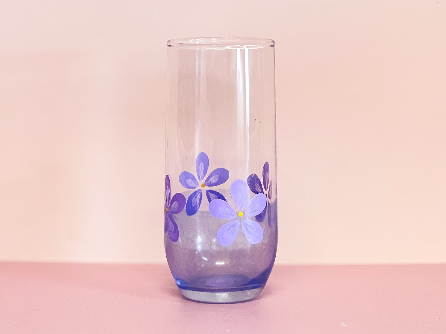 Hand-painted Tall Glass | Purple Pink Daisy/Frosted Blue