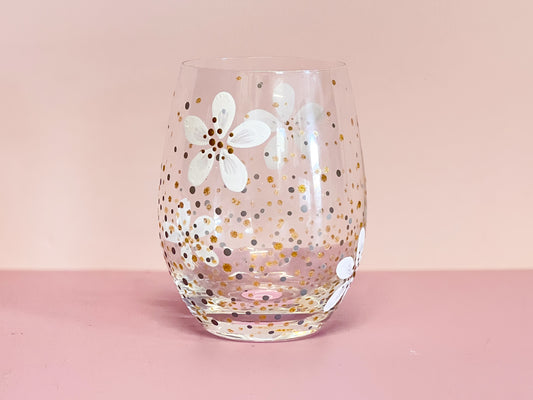 Hand-painted Stemless Wine Glass | Daisy/Glitter Dots