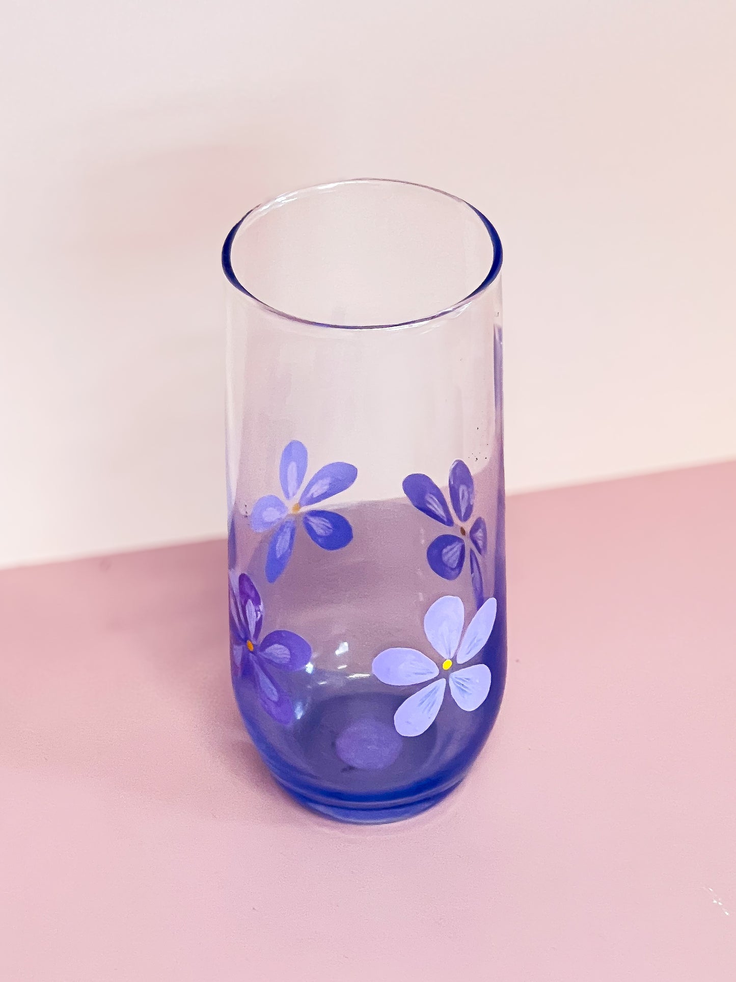 Hand-painted Tall Glass | Purple Pink Daisy/Frosted Blue