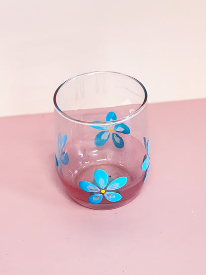 Hand-painted Short Glass | Turquoise Daisy/Frosted Rose