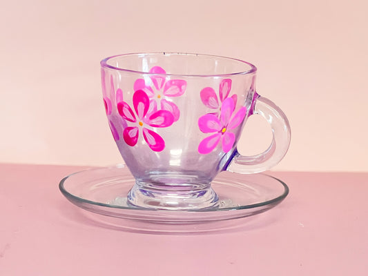 Hand-painted Teacup + Saucer | Hot Pink Daisy/Frosted Blue