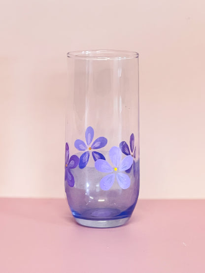 Hand-painted Tall Glass | Purple Pink Daisy/Frosted Blue