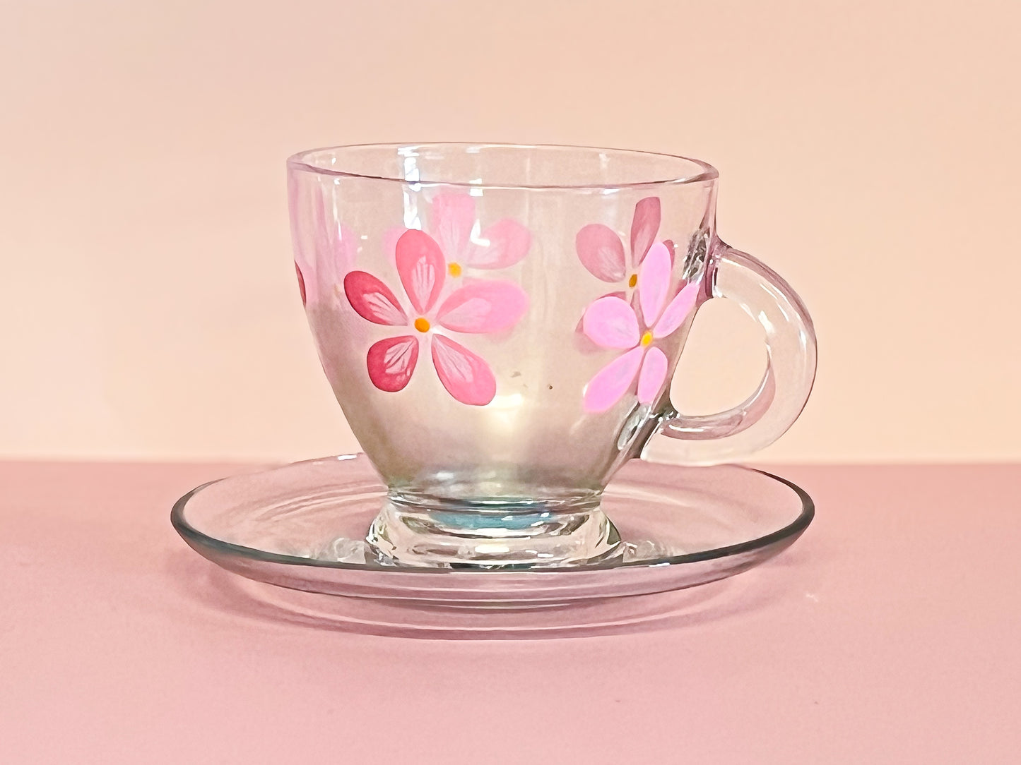 Hand-painted Teacup + Saucer | Pink Daisy/Frosted Emerald