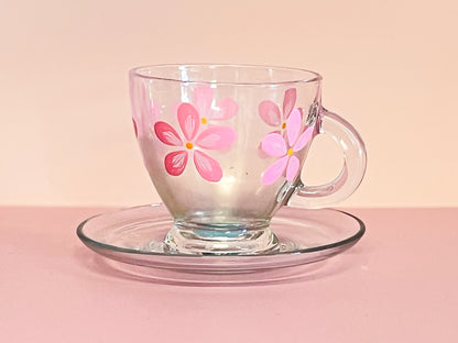 Hand-painted Teacup + Saucer | Pink Daisy/Frosted Emerald