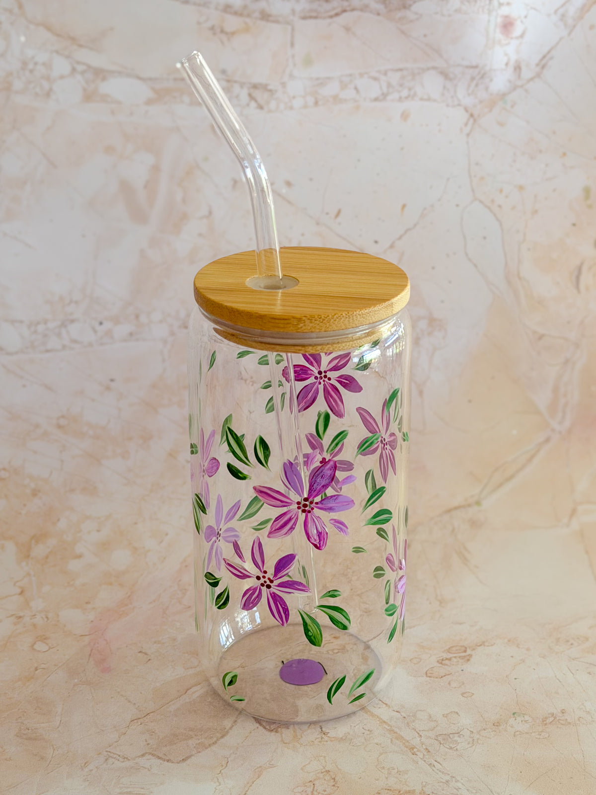 Hand-painted Iced Coffee Glass - Lilac Blossom