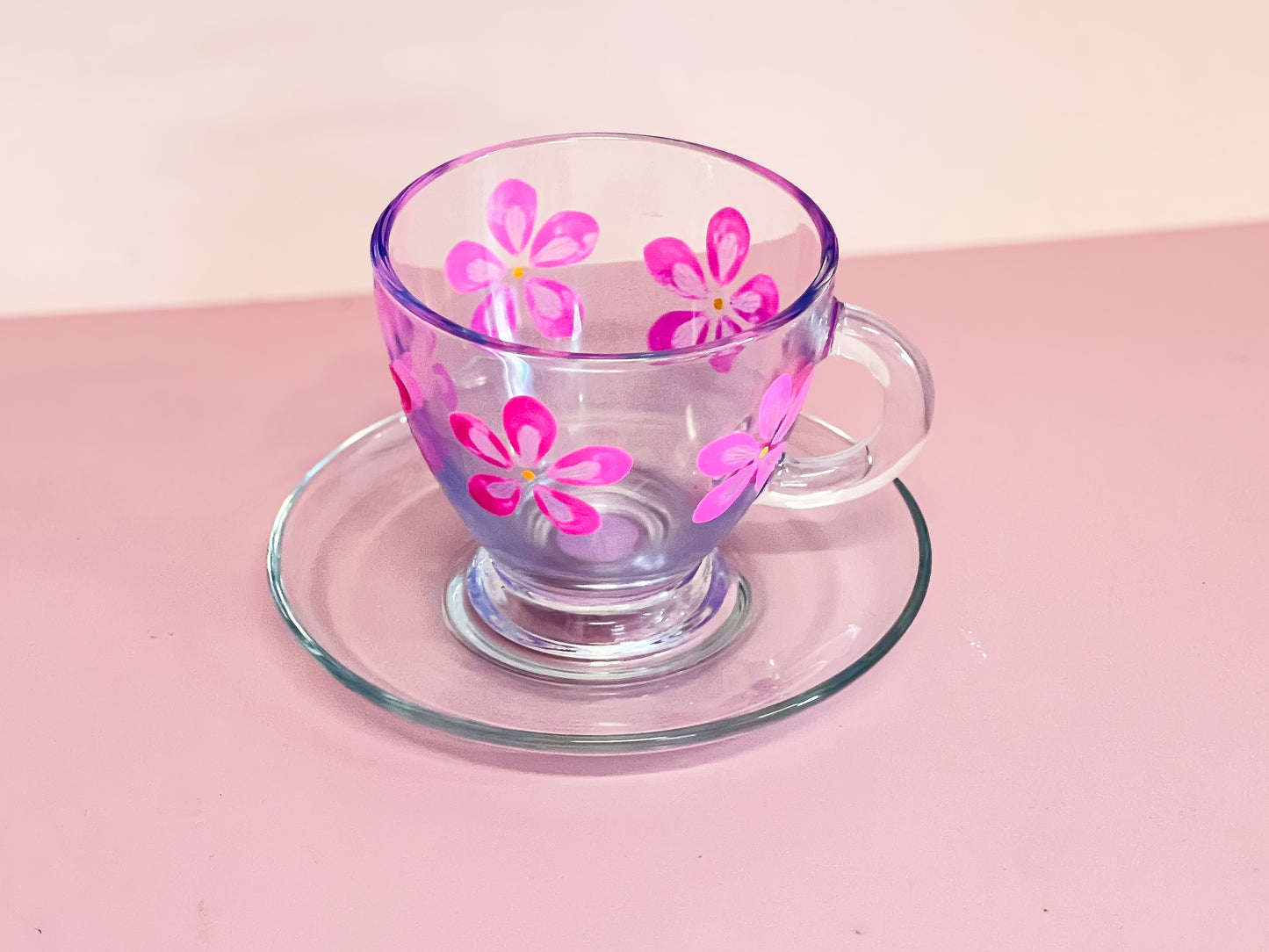 Hand-painted Teacup + Saucer | Hot Pink Daisy/Frosted Blue