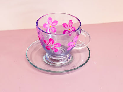 Hand-painted Teacup + Saucer | Hot Pink Daisy/Frosted Blue