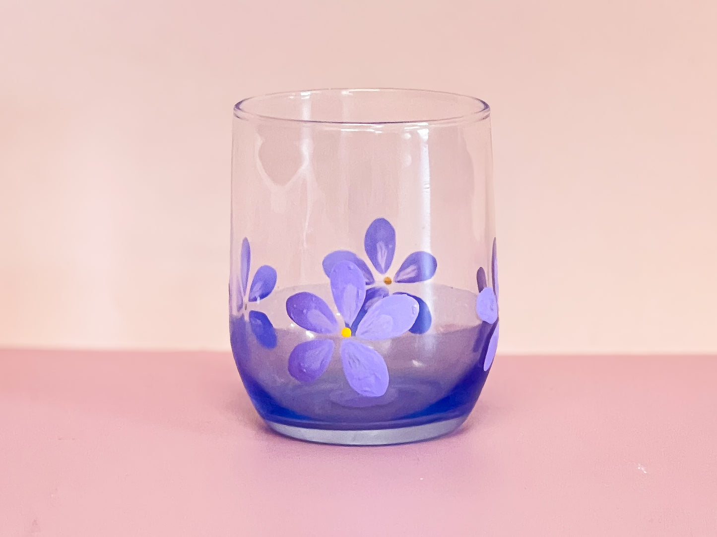 Hand-painted Short Glass | Purple Daisy/Frosted Blue