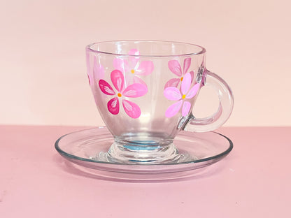 Hand-painted Teacup + Saucer | Pink Daisy/Frosted Emerald