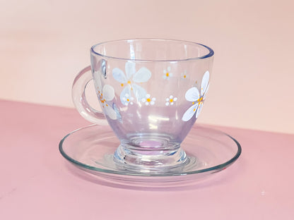 Hand-painted Teacup + Saucer | Daisy Sml/Lrg /Frosted Blue