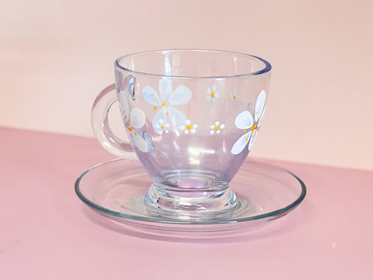 Hand-painted Teacup + Saucer | Daisy Sml/Lrg /Frosted Blue