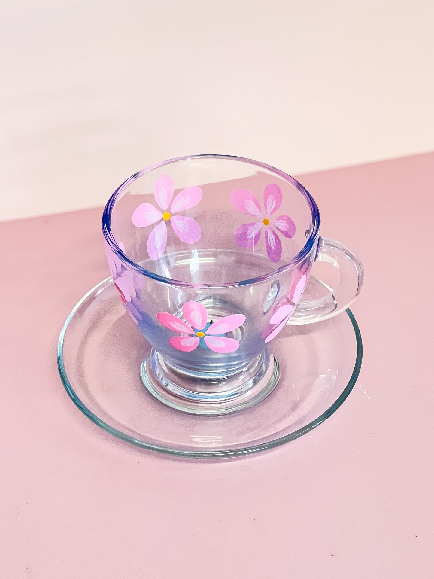 Hand-painted Teacup + Saucer | Pink Daisy/Frosted Blue