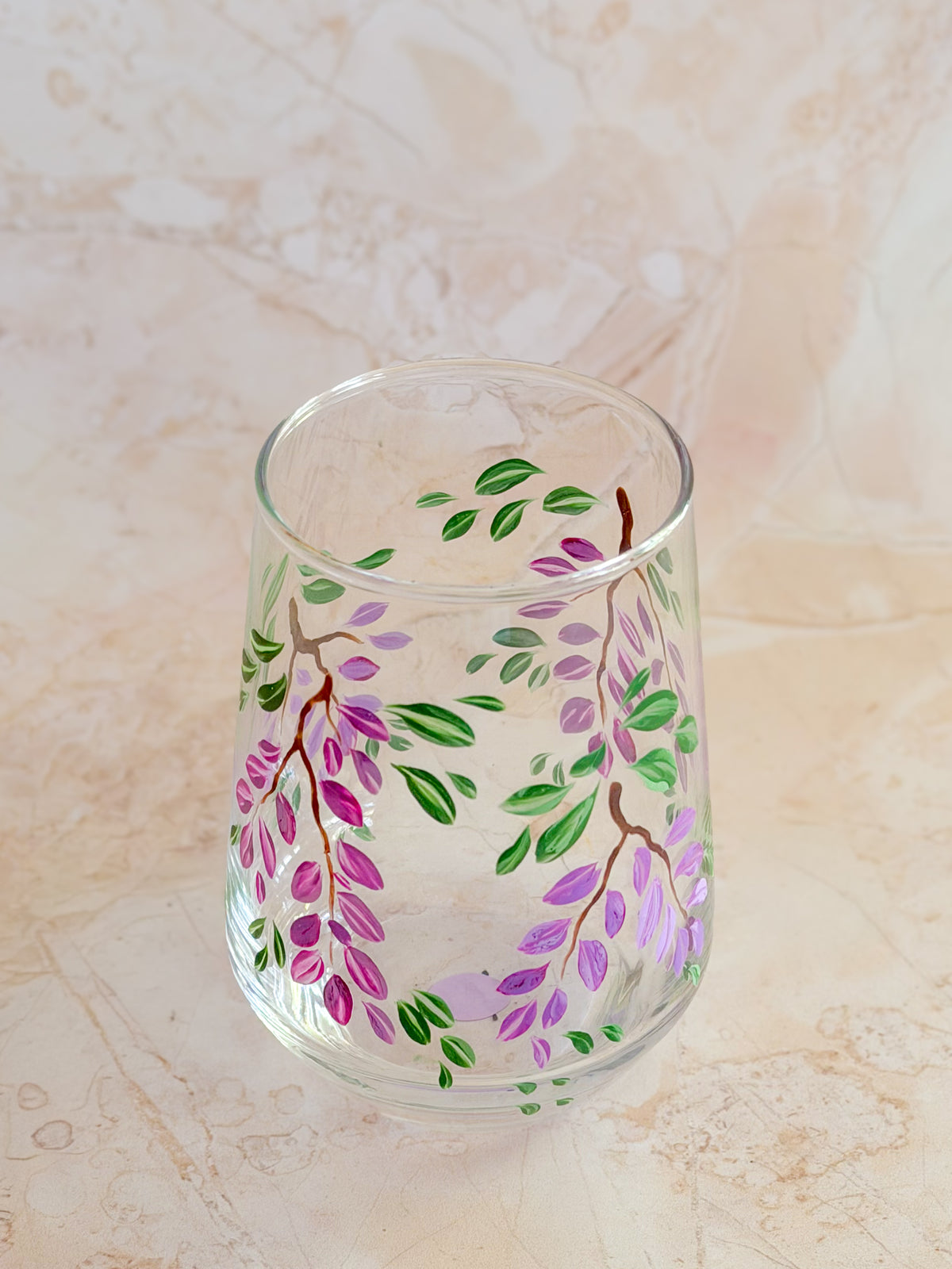 Hand-painted Stemless Wine Glass - Wisteria Lane