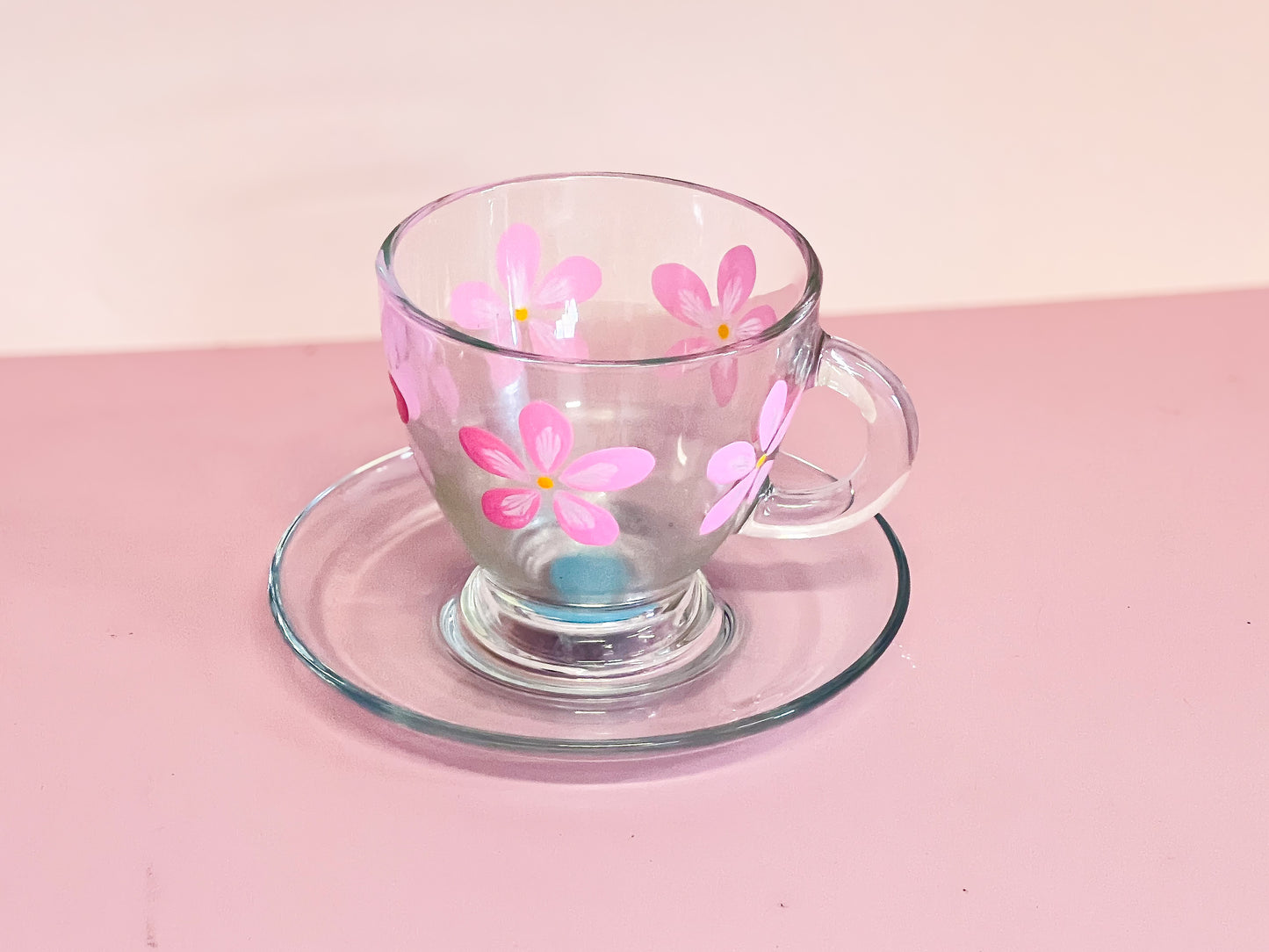 Hand-painted Teacup + Saucer | Pink Daisy/Frosted Emerald