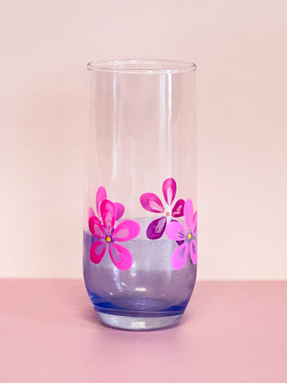 Hand-painted Tall Glass | Hot Pink Daisy/Frosted Blue