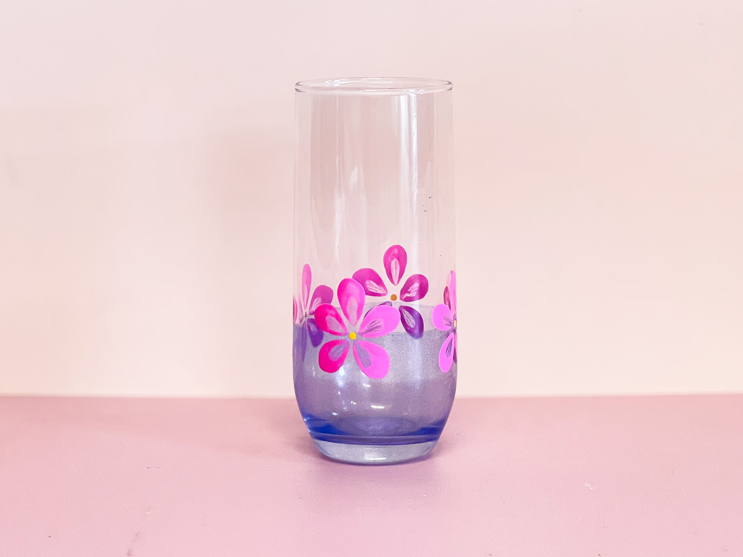 Hand-painted Tall Glass | Hot Pink Daisy/Frosted Blue