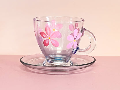 Hand-painted Teacup + Saucer | Pink Daisy/Frosted Blue