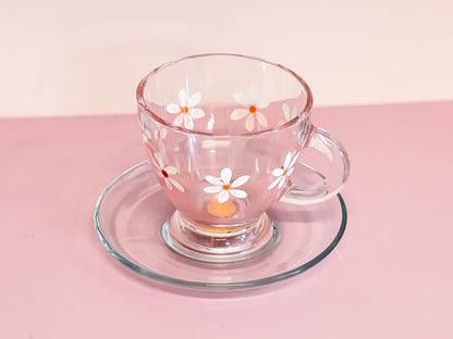 Hand-painted Teacup + Saucer | White Daisy/Frosted Rose