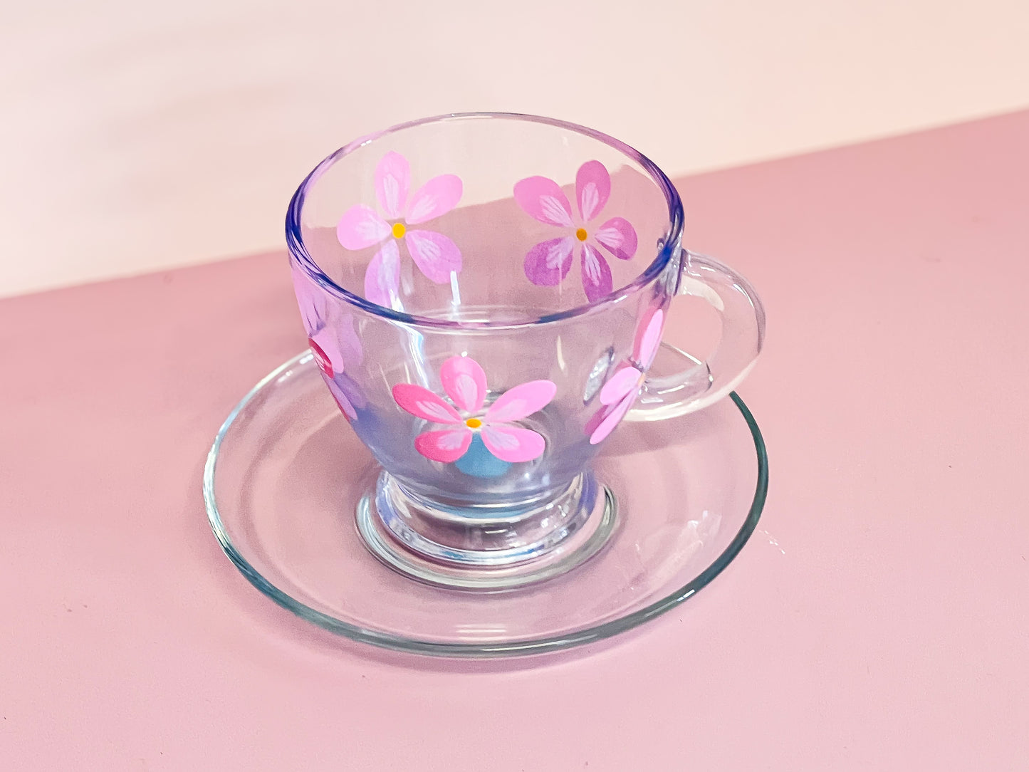 Hand-painted Teacup + Saucer | Pink Daisy/Frosted Blue