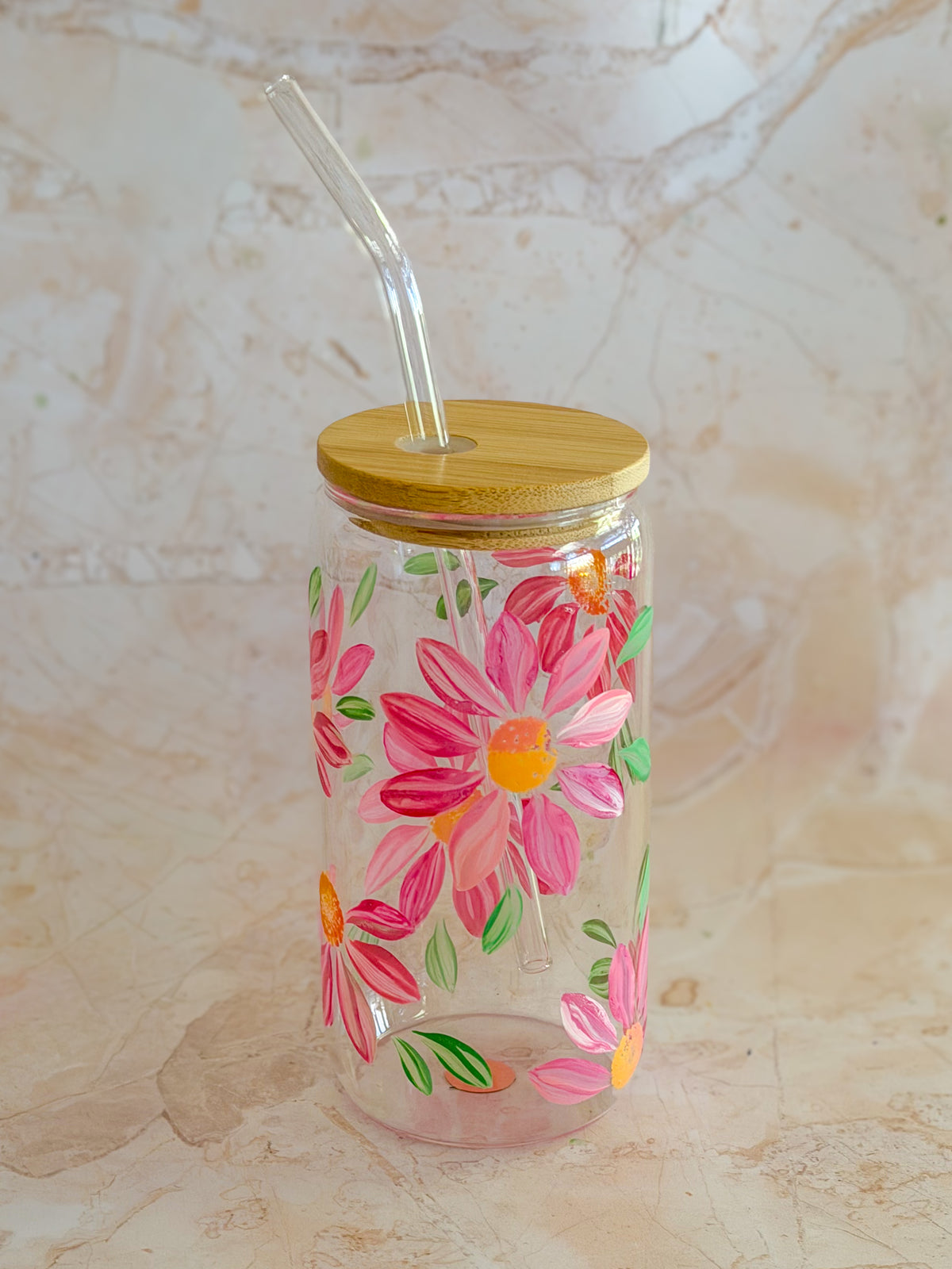 Hand-painted Iced Coffee Glass - Spring Blossom