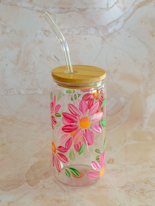 Hand-painted Iced Coffee Glass - Spring Blossom