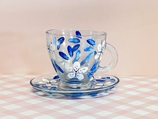 Hand-painted Teacup + Saucer | China Blue (Frosted Glitter)