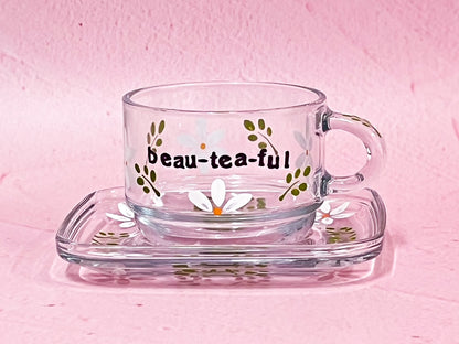Hand-painted Square Teacup + Saucer | Beau-tea-ful