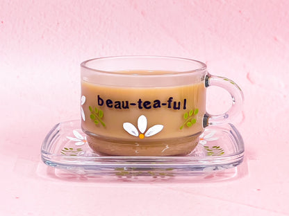 Hand-painted Square Teacup + Saucer | Beau-tea-ful