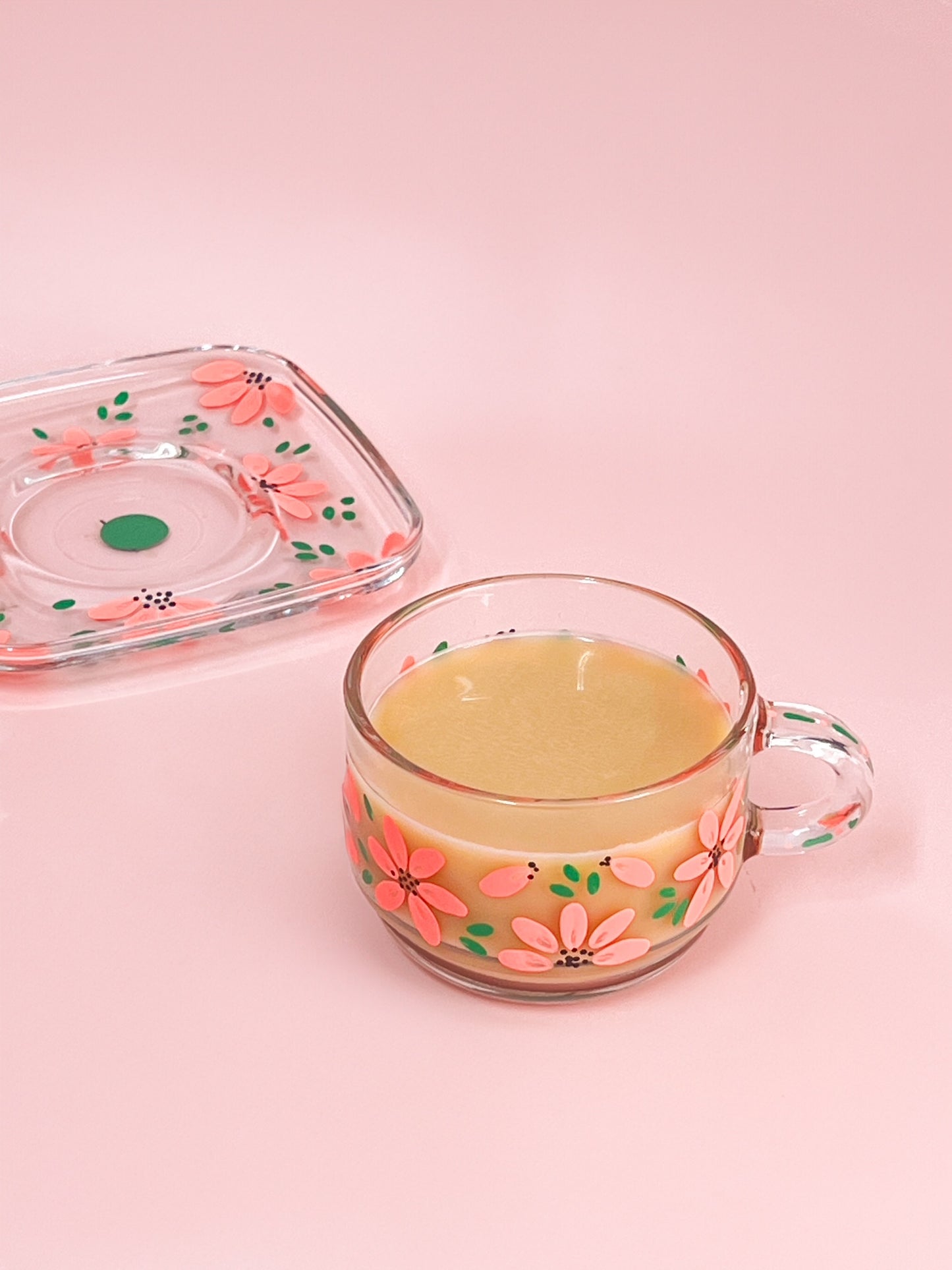 Hand-painted Square Teacup + Saucer | Blossom Coral