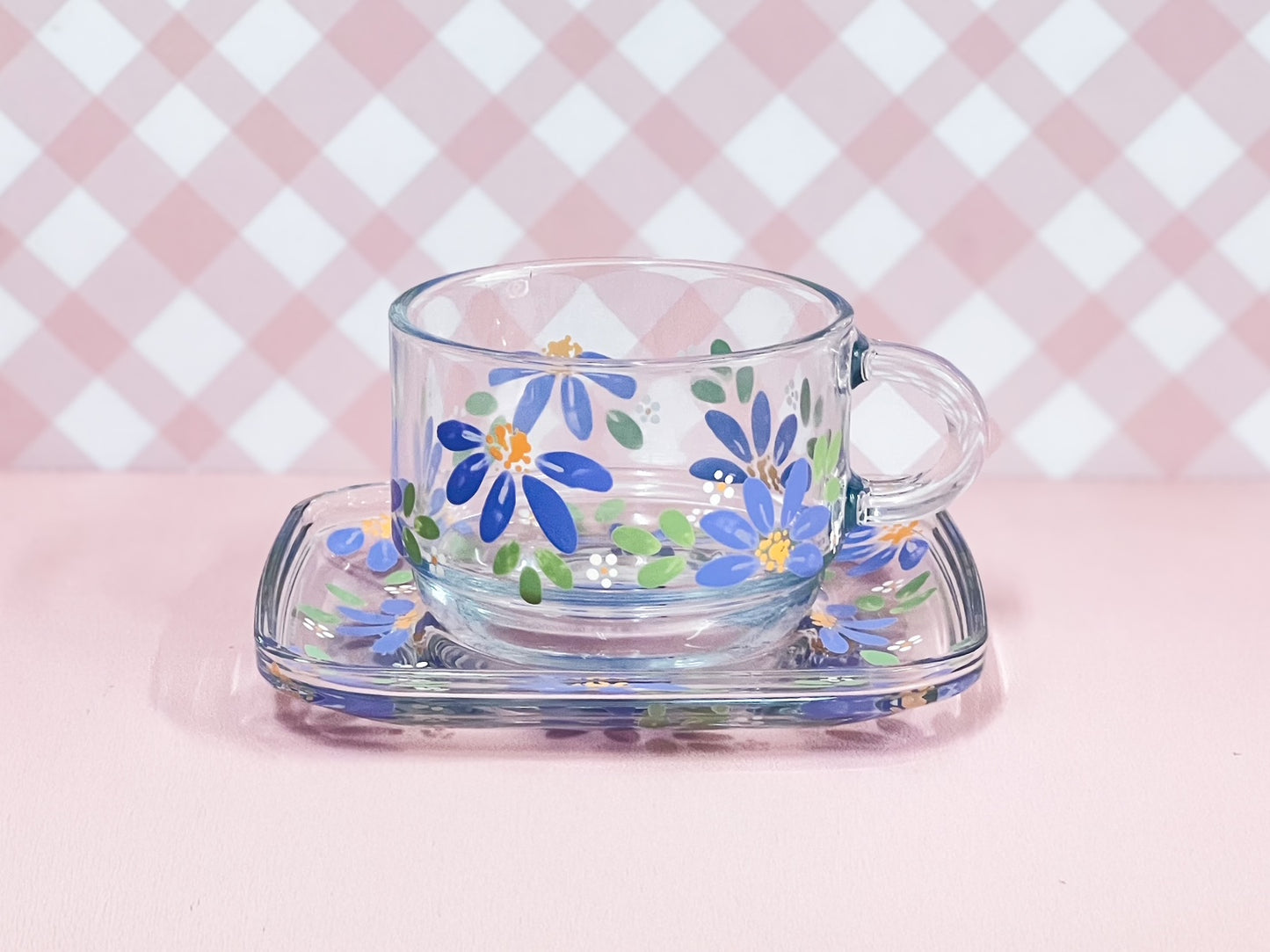Hand-painted Square Teacup + Saucer | Blossom Cornflower Blue