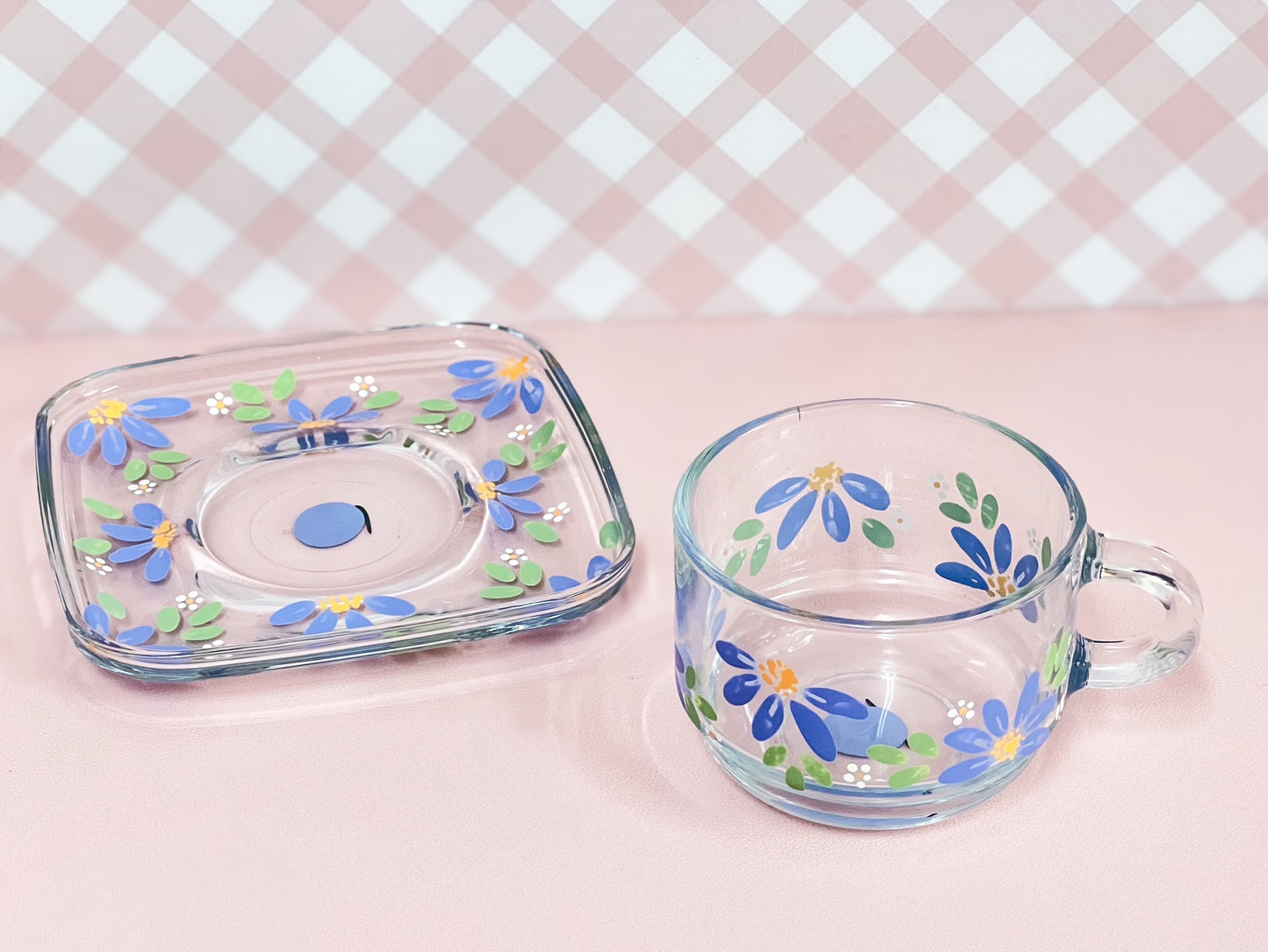 Hand-painted Square Teacup + Saucer | Blossom Cornflower Blue